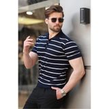 Madmext Erkek Polo Yaka T-shirt, Lacivert Çizgili, Kısa Kollu, XL