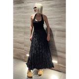 Madmext Füme Beli Lastikli Buruşuk Mikro Uzun Kadın Etek MG2155 - XL