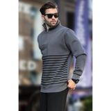 Madmext Füme Fermuar Yakalı Çizgili Sweatshirt 7056,Füme 2XL
