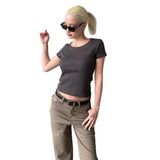 Madmext Füme Geniş Yaka Fittili Basic Kadın T-Shirt Mg2293,Füme M