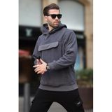 Madmext Füme Kapüşonlu Kapaklı Cep Detaylı Polar Erkek Sweatshirt 7097,Füme S
