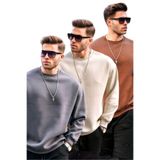 Madmext Füme/Bej/Kahverengi Bisiklet Yaka Oversize Şardonlu Basic Erkek 3'Lü Paket Sweatshirt E7448,Füme/Bej/Kahverengi S