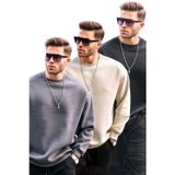 Madmext Füme/Bej/Siyah Bisiklet Yaka Oversize Şardonlu Basic Erkek 3'Lü Paket Sweatshirt E7448