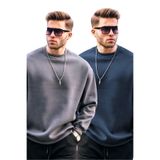Madmext Füme/Lacivert Bisiklet Yaka Oversize Şardonlu Basic Erkek 2'Li Paket Sweatshirt E7447,Füme/Lacivert M