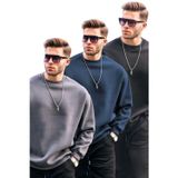 Madmext Füme/Lacivert/Siyah Bisiklet Yaka Oversize Şardonlu Basic Erkek 3'Lü Paket Sweatshirt E7448