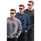 Madmext Füme/Lacivert/Siyah Bisiklet Yaka Oversize Şardonlu Basic Erkek 3'Lü Paket Sweatshirt E7448,Füme/Siyah/Lacivert M