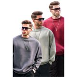 Madmext Füme/Mintyeşili/Bordo Bisiklet Yaka Oversize Şardonlu Basic Erkek 3'Lü Paket Sweatshirt E7448,Füme/Mintyeşili/Bordo L