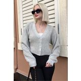 Madmext Gri Uzun Kollu Düğmeli Crop Hırka MG2198
