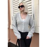 Madmext Gri Uzun Kollu Düğmeli Crop Hırka Mg2198,Gri S