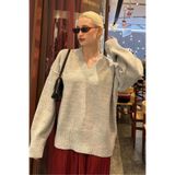 Madmext Gri V Yaka Oversize Kadın Triko Kazak Mg2149,Gri L