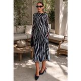 Madmext Gri Zebra Desenli Şifon Midi Elbise Mg2854