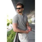 Madmext Grimelanj Slim Fit Hakim Yaka Triko Erkek Tişört E7189 - Gri Melanj - XL