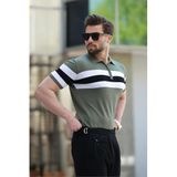 Madmext Haki Fermuarlı Polo Yaka Çizgili Erkek Tişört E7406,Haki 2XL