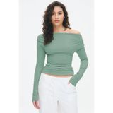 Madmext Haki Kadın Off Shoulder Uzun Kollu Bluz MG2567