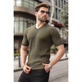 Madmext Haki V Yaka Kısa Kollu Triko Erkek Tişört E7467 - XL
