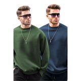 Madmext Haki/Lacivert Bisiklet Yaka Oversize Şardonlu Basic Erkek 2'Li Paket Sweatshirt E7447