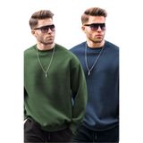 Madmext Haki/Lacivert Bisiklet Yaka Oversize Şardonlu Basic Erkek 2'Li Paket Sweatshirt E7447,Haki/Lacivert XL