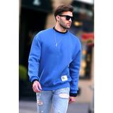 Madmext İndigo Bisiklet Yaka Oversize Şardonlu Arma Detaylı Erkek Sweatshirt 7043