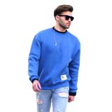 Madmext İndigo Bisiklet Yaka Oversize Şardonlu Arma Detaylı Erkek Sweatshirt 7043,İndigo M