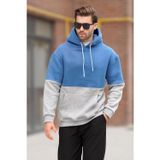 Madmext İndigo Kapüşonlu Renk Bloklu Baskı Detaylı Erkek Sweatshirt 7046
