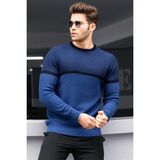 Madmext Indigo Renk Bloklu Erkek Kazak Yuvarlak Yaka Günlük Stil Fitted Kesim - İndigo