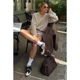 Madmext Kadın Bej Oversize Triko Kazak MG1972 Fermuarlı Yaka ile Günlük Kullanıma Uygun