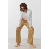 Madmext Kadın Bej Saten Beli Büzgülü Bol Paça Pantolon, L Beden