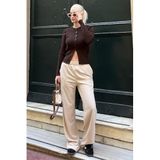 Madmext Kadın Bej Yüksek Bel İspanyol Paça Triko Pantolon, M Beden