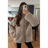 Madmext Kadın Kahverengi Peluş Mont, Dik Yakalı, Fermuarlı, Cepli, L Beden