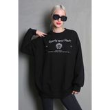 Madmext Kadın Oversize Bisiklet Yaka Baskılı Sweatshirt, Siyah, L