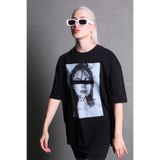 Madmext Kadın Oversize T-Shirt, Kısa Kollu, Baskılı, Siyah, M Beden