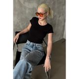 Madmext Kadın T-Shirt, Geniş Yaka, Kısa Kollu, Basic, Siyah, L Beden