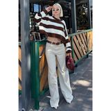 Madmext Kahverengi Bisiklet Yaka Çizgili Triko Kadın Kazak MG2167 - XL
