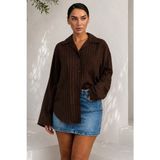 Madmext Kahverengi Çizgi Desenli Rahat Kesim Kadın Gömlek MG2741 - XL