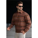 Madmext Kahverengi Çizgili Polo Yaka Erkek Sweatshirt E7172