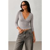 Madmext Kahverengi Çizgili V Yaka Slim Fit Kadın Bluz MG2887