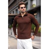 Madmext Kahverengi Dik Yaka Yarım Fermuarlı Çizgili Erkek Triko Kazak E7535 - 2XL