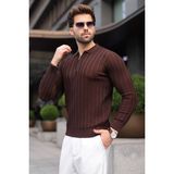 Madmext Kahverengi Fermuarlı Polo Yaka Dokulu Erkek Triko Kazak E7523 - 2XL