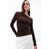 Madmext Kahverengi Kadın Off Shoulder Uzun Kollu Bluz Mg2567,Kahverengi L