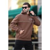 Madmext Kahverengi Kapüşonlu Şerit Detaylı Baskılı Erkek Sweatshirt 7091,Kahverengi M