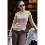 Madmext Kahverengi Kare Desenli Belden Oturtmalı Bluz MG2849