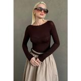 Madmext Kahverengi Kayık Yaka Transparan Kadın Bluz Mg2663