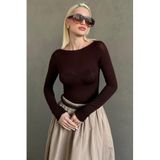 Madmext Kahverengi Kayık Yaka Transparan Kadın Bluz Mg2663,Kahverengi M