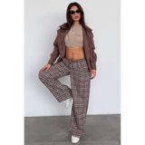 Madmext Kahverengi Lastikli Bel Geniş Paça Ekose Pantolon Mg2658,Kahverengi XL