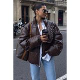 Madmext Kahverengi Oversize Basic Deri Mont Kadın S Beden Uzun Kol Düz Desenli