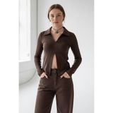 Madmext Kahverengi Polo Yaka Çift Fermuarlı Slim Fit Kadın Body Mg2652,Kahverengi M