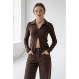 Madmext Kahverengi Polo Yaka Çift Fermuarlı Slim Fit Kadın Body Mg2652,Kahverengi S