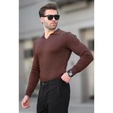 Madmext Kahverengi Polo Yaka Çizgili Uzun Kollu Erkek Kazak 7289 - 2XL