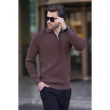 Madmext Kahverengi Polo Yaka Fermuarlı Uzun Kollu Erkek Kazak 7240 - 2XL