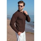 Madmext Kahverengi Polo Yaka Örgü Desenli Triko Erkek Kazak E7507 - 2XL